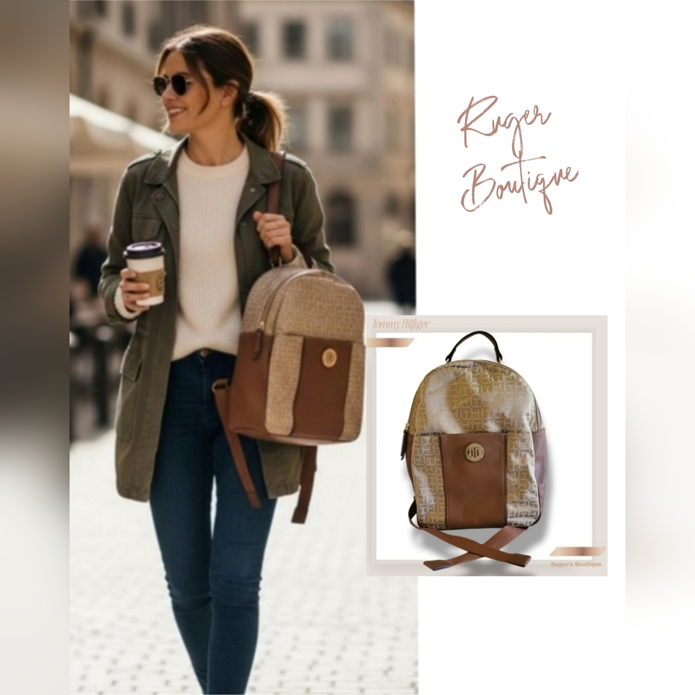 🌿Tommy Hilfiger Women's Logo Jaquared Dome Tan & Brown Backpack